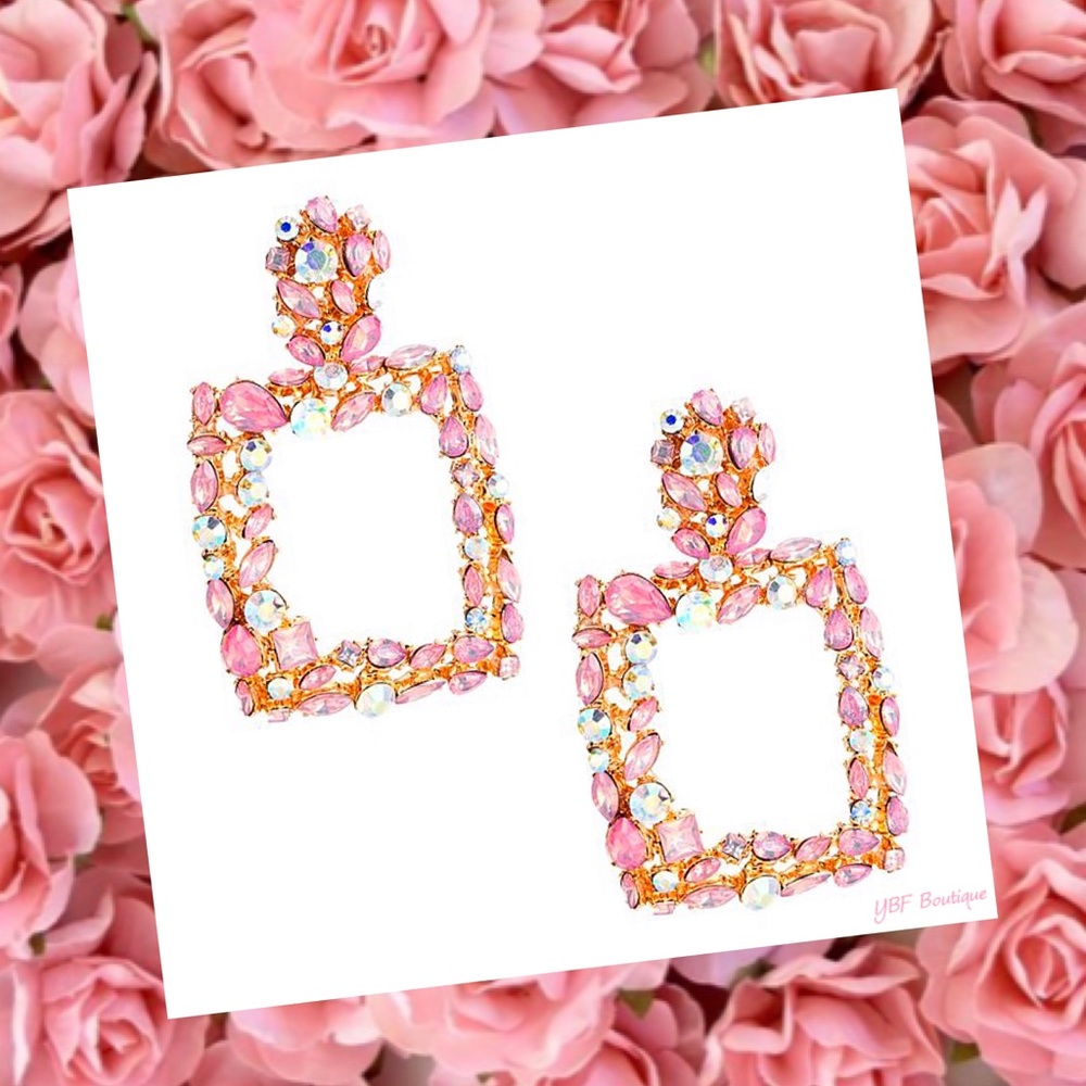 New Pink & Gold Rhinestone Floral Statement Post Fashion Earrings